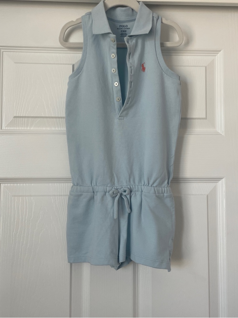 Polo by Ralph Lauren Light Blue Sleeveless Polo Romper with Pink Polo logo